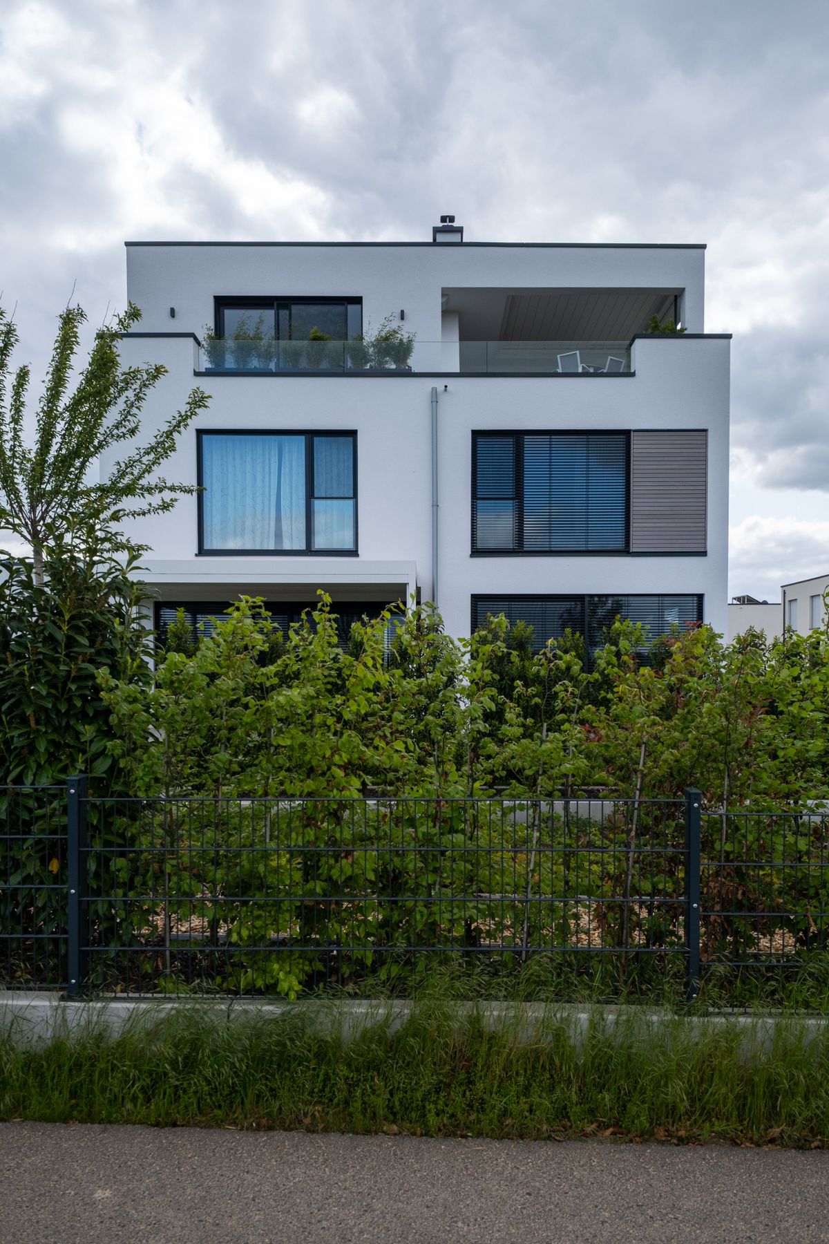 Haus RM, Straßenansicht des kubischen Putzbaus hinter Hecke und Zaun